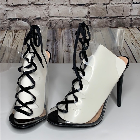 Chase + Chloe Gigi clear heels black velvet laces size 9 NWT - Picture 1 of 7